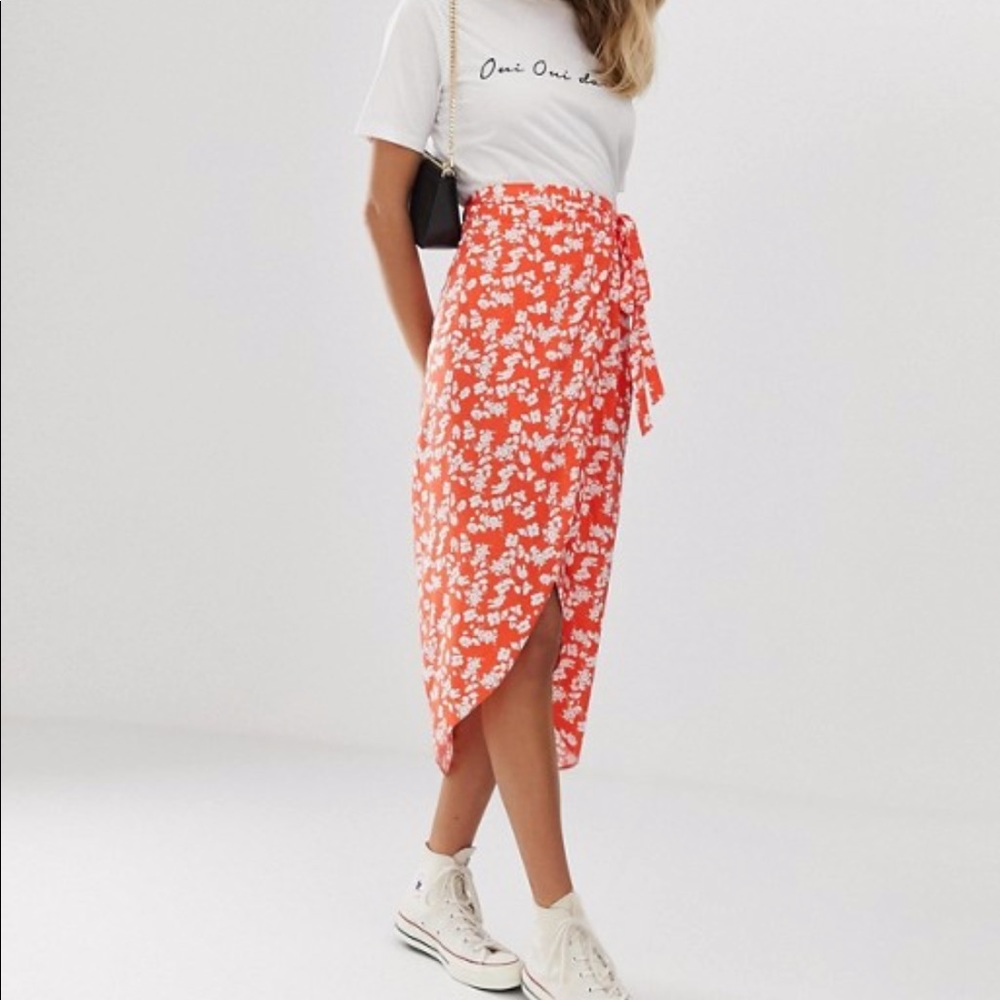 ASOS ditsy orange white floral midi wrap skirt